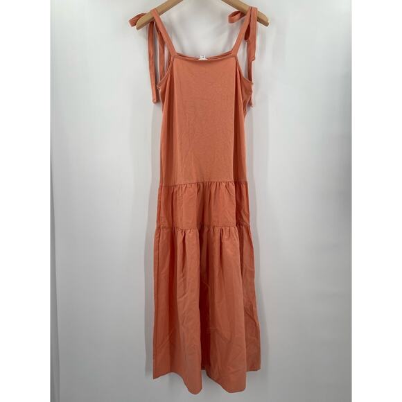 TOPSHOP Dress Size 2 Tiered Poplin Midi Peach Orange Casual Summer Ties NWT - Picture 3 of 13